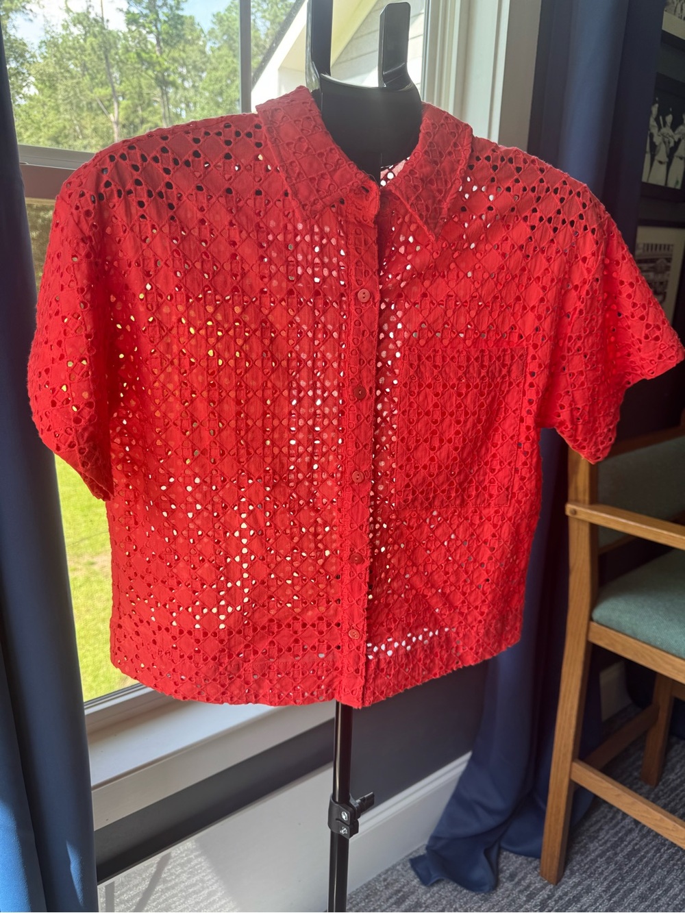 Marled Eyelet Cropped S/S Red/Orange Collared Button Down Womens Size Small